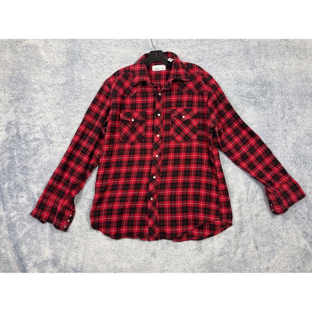 Wrangler Mens L Red Black Plaid Western Wrancher Snap Front Shirt 112342041